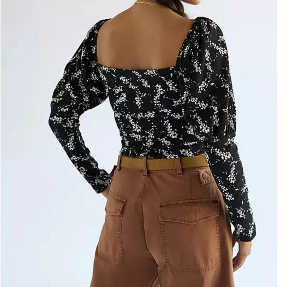 Anthropologie 1X NWT Sweetheart Top Black Motif Puff Sleeves Blouse